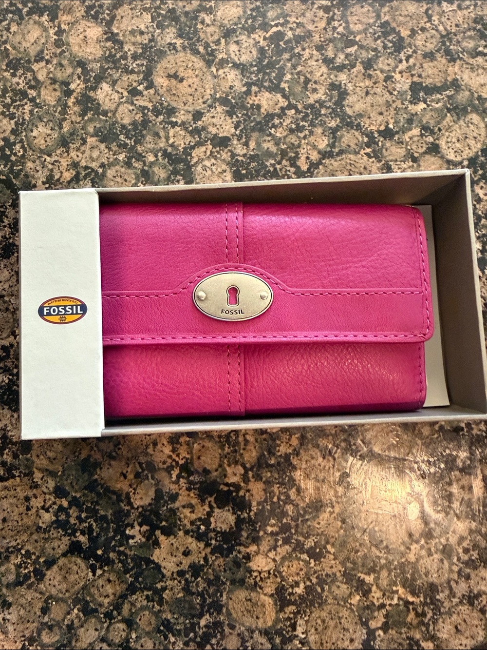 Fossil Hot Pink Leather Trifold Wallet with Oval Metal Logo